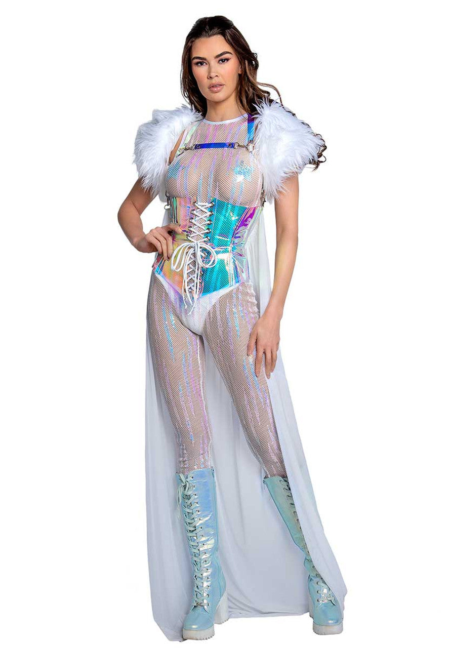 White Cosmic Sequin Mesh Catsuit FR108