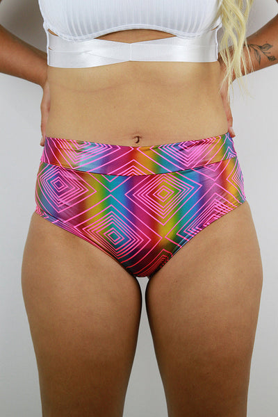 Rarr Mid Waisted Brazil Scrunchie Bum Shorts - Rainbow Geo