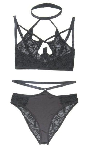 Oh So Sexy Coquette Strappy Flocked Mesh and Micofiber Bra & Panty Set - CQ7228