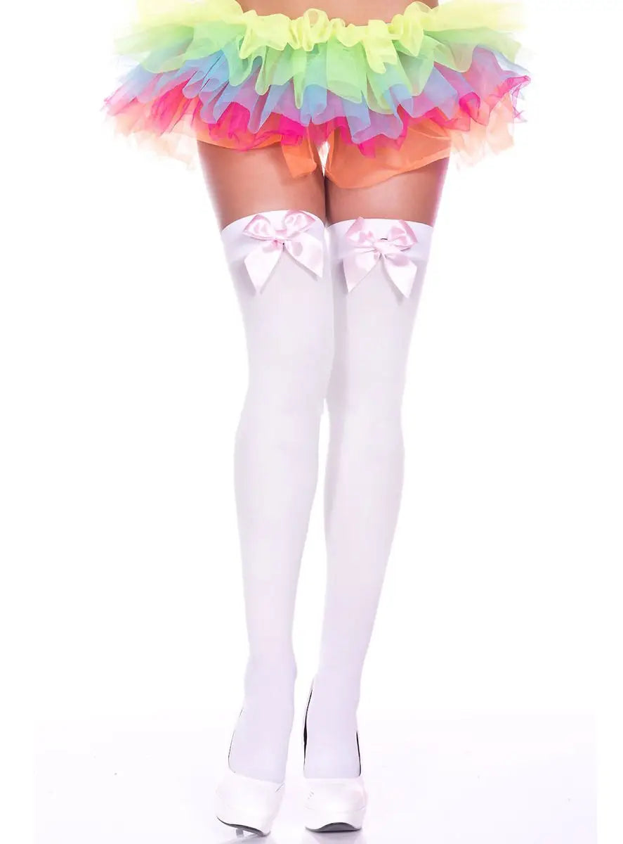 Music Legs Satin Bow Opaque Thigh High Stockings 4742