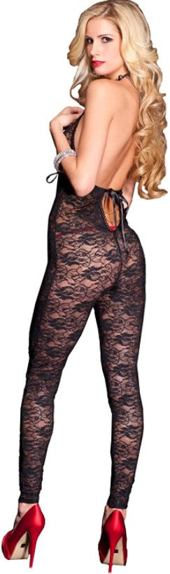 Romantic Floral Lace Footless Deep V Bodystocking with Lace Detail ML1098