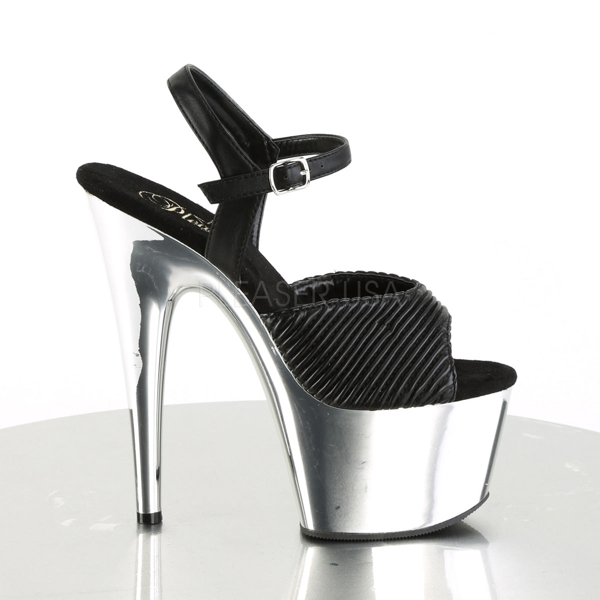 ADORE-709 Black Quilted Faux Leather/Silver Chrome