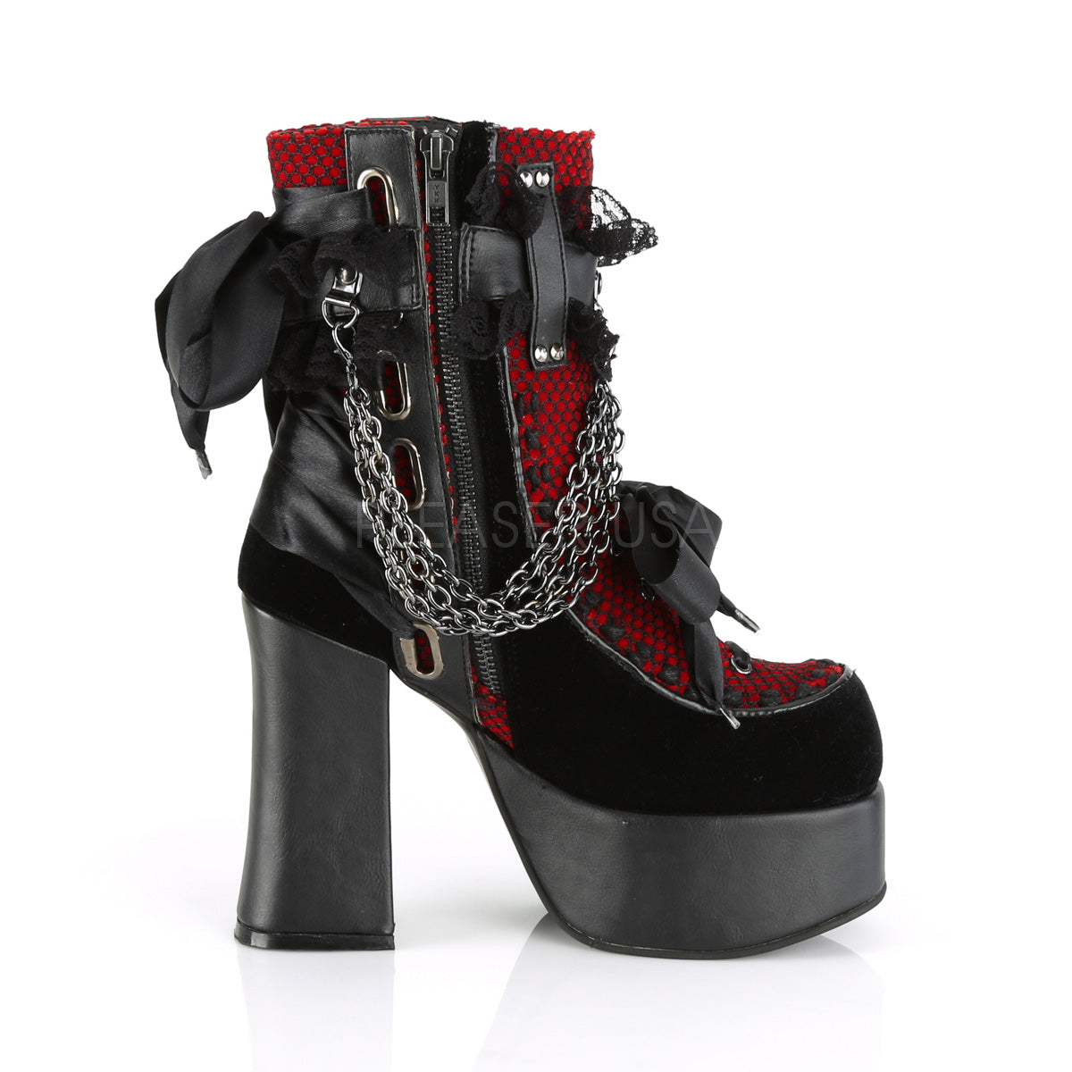 CHARADE-110 Black V. Le-Red-Black Velvet-Fishnet Overlay