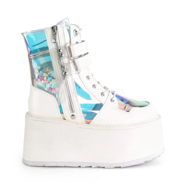DAMNED-115 White Vegan Leather-Clear Hologram PVC