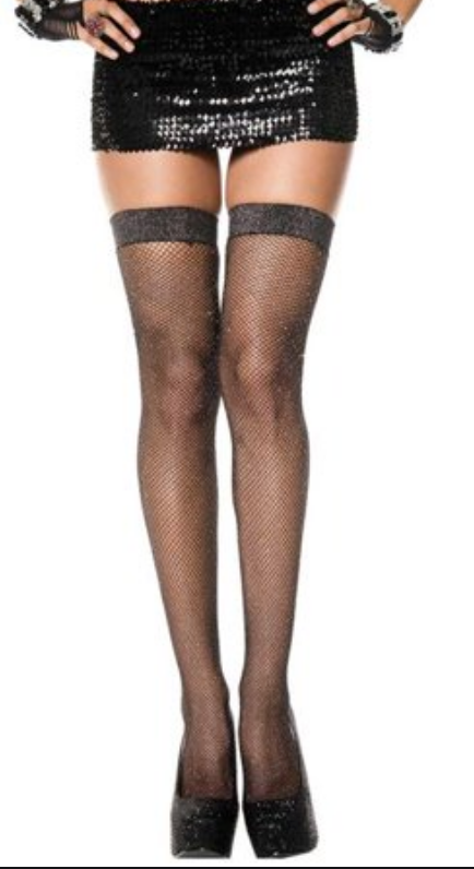 Music Legs Spandex Shimmery Fishnet Thigh High Black/Silver 4994