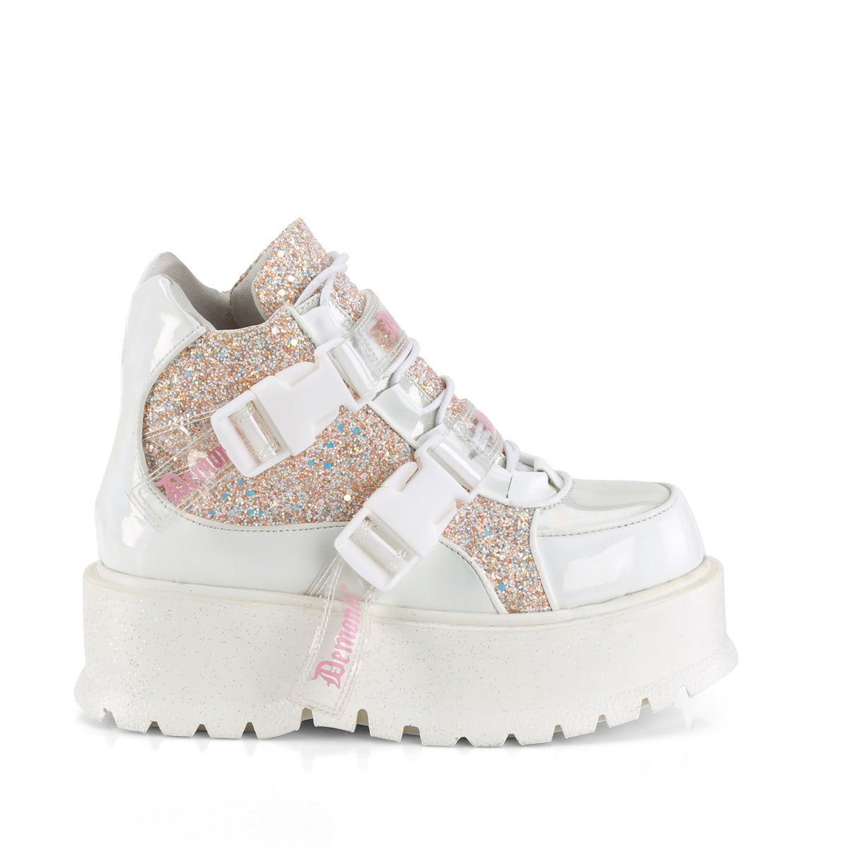 SLACKER-50 White Holographic Patent-Baby Pink Multi Glitter
