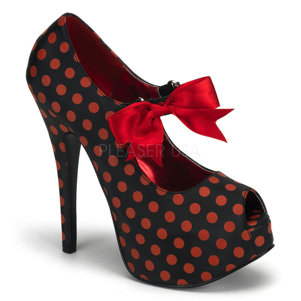 TEEZE-25 Black Satin Pu-Red (Polka Dots)