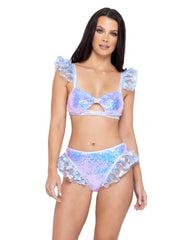 Sequin Keyhole Top with Butterfly Ruffle Trim - 6242