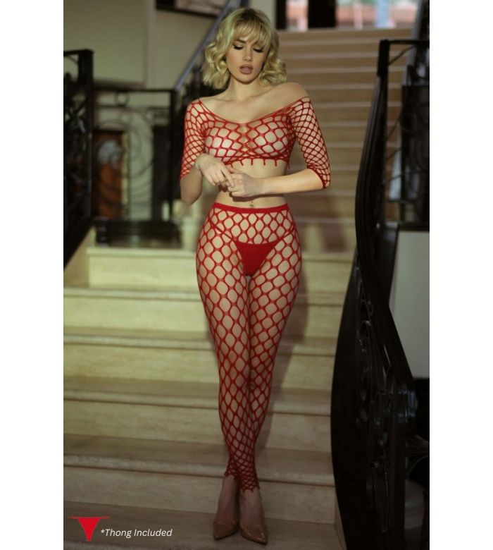 OMG Fishnet 2 Piece Bodystocking - Red