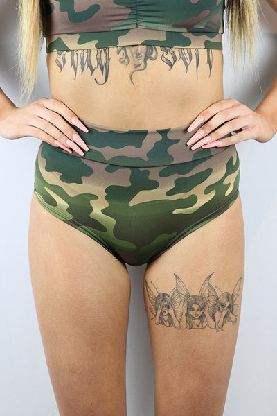 Rarr Mid Waisted Brazil Scrunchie Bum Shorts - Army