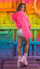 Neon Faux Fur Cropped Hoodie - Neon Pink FF490