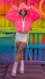 Neon Faux Fur Cropped Hoodie - Neon Pink FF490