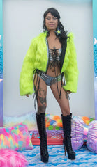 Neon Faux Fur Cropped Hoodie - Neon Yellow FF490