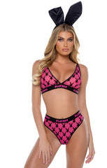 Playboy Flocked Bunny Bralette 2PC Set - Pink PBL1161