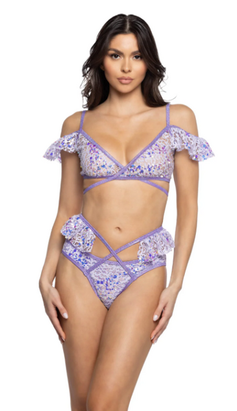 Sequin Lace Ruffle Wrap Bottoms - Lavender JR129