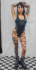 Leg Wrap Lace-Up Bodysuit - Black FE233