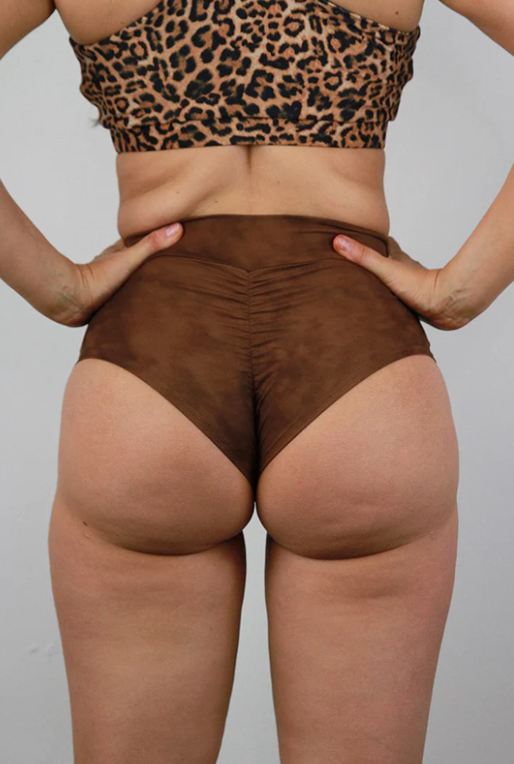 Rarr Mid Waisted Brazil Scrunchie Bum Shorts - Brown Marble