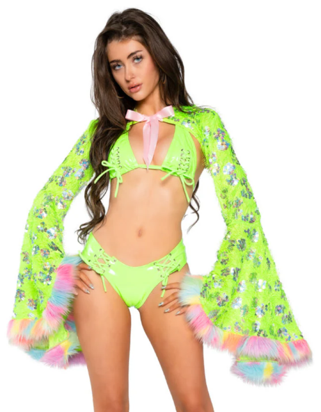 Faux Fur Trimmed sequin Bell-Sleeve Shrug - JR198