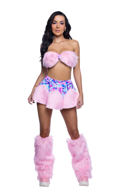 Faux Fur Skirt & Bandeau Top - JR303 Pink