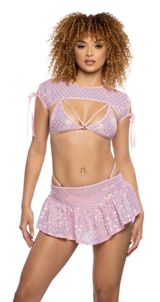 Diamond Sequin Mesh Skirt - Pink JR127