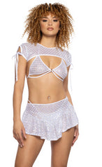 Diamond Sequin Mesh Skirt - White JR127