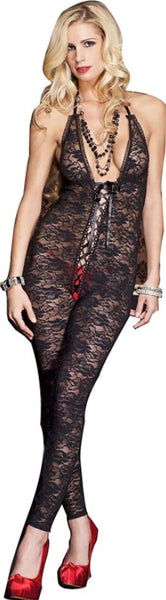 Music Legs Romantic Floral Lace Footless Deep V Bodystocking with Lace Detail