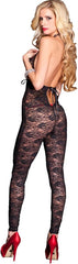 Music Legs Romantic Floral Lace Footless Deep V Bodystocking with Lace Detail