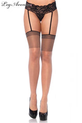 Leg Avenue Sheer Backseam Stocking With Striped Top and Attached Lace Garter G-String