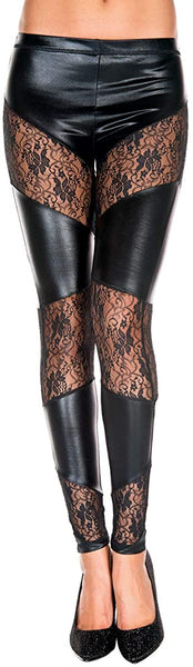Music Legs Wet Look With Angular Lace Inserts Leggings Black 35134