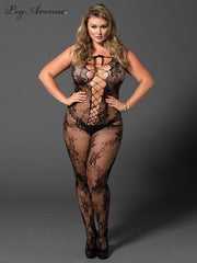 Leg Avenue Plus Size Seamless Floral Lace Bodystocking with Faux Lace Up Front 89169Q