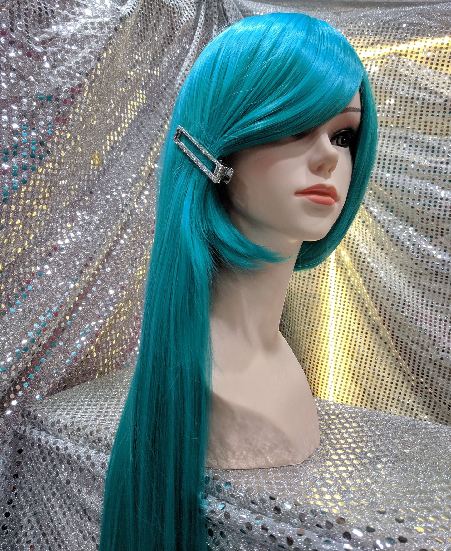 Turquoise 40" Straight Heat Resistant Wig With Bangs