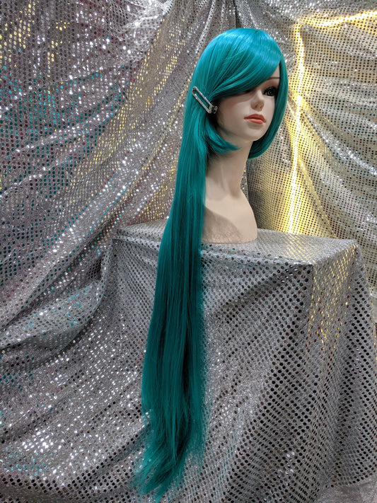 Turquoise 40" Straight Heat Resistant Wig With Bangs