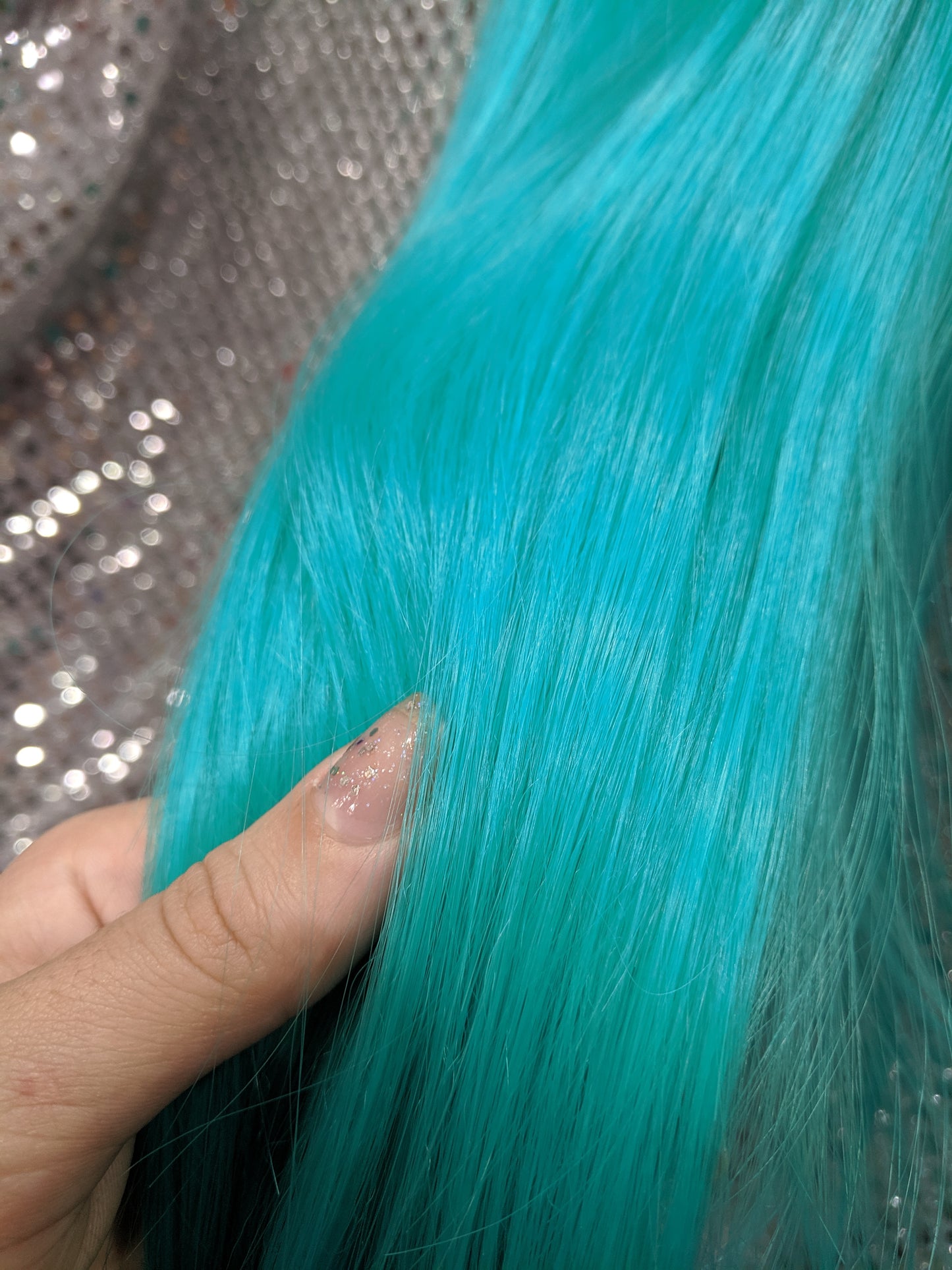 Turquoise 40" Straight Heat Resistant Wig With Bangs