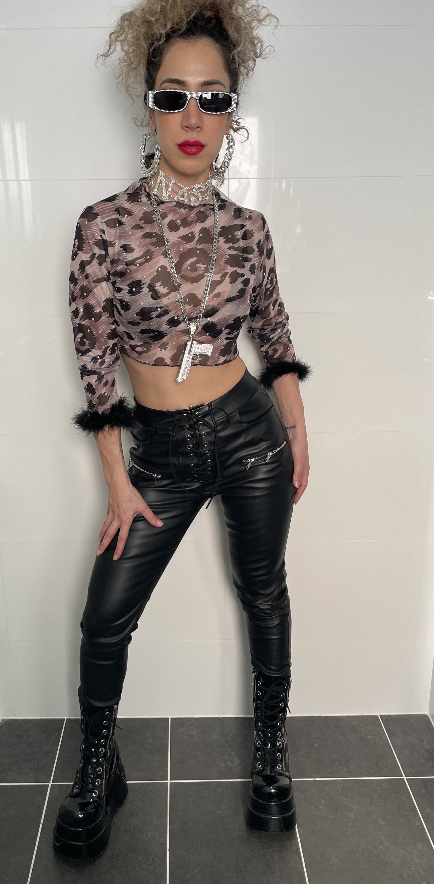 Stretch Vegan Leather Skinny Pants With Corset Tie Front