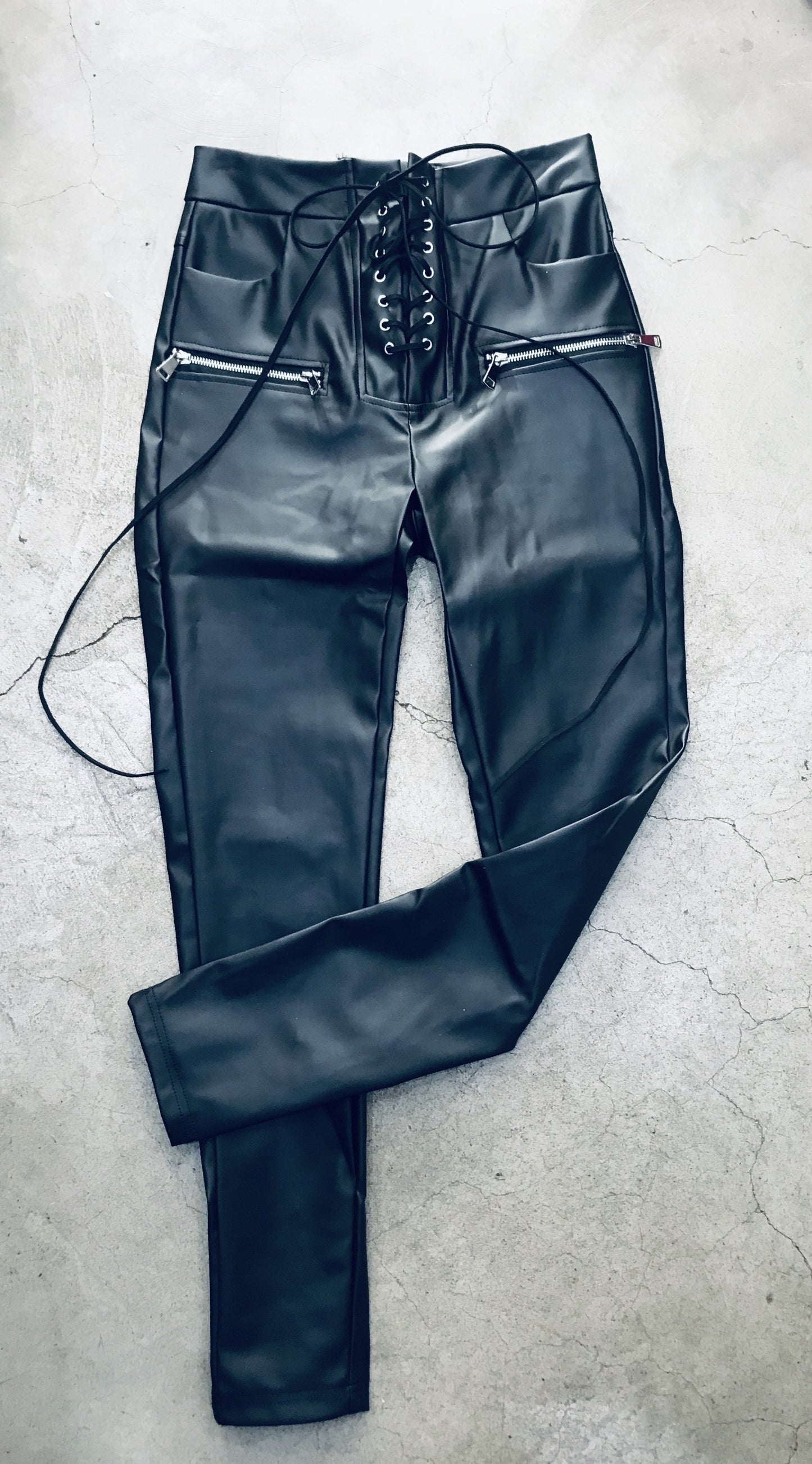 Stretch Vegan Leather Skinny Pants With Corset Tie Front