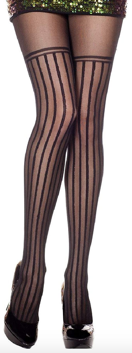 Music Legs Thin Vertical Striped Spandex Pantyhose Black 7270