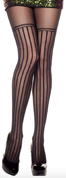 Music Legs Thin Vertical Striped Spandex Pantyhose Black 7270