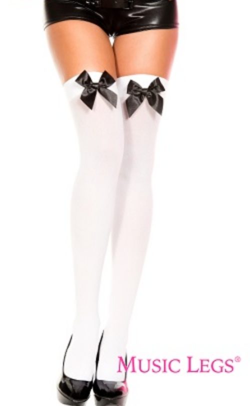 Music Legs Satin Bow Opaque Thigh High Stockings 4742