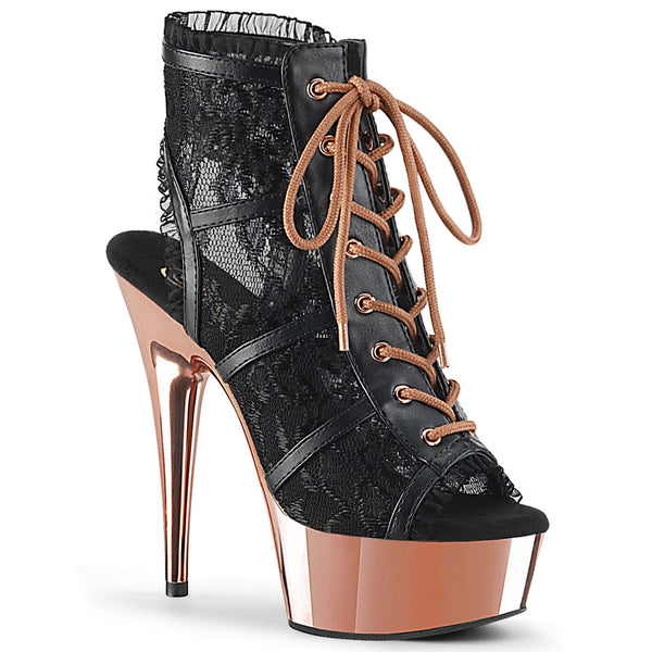 DELIGHT-696LC  Black Faux Leather-Lace/Rose Gold Chrome