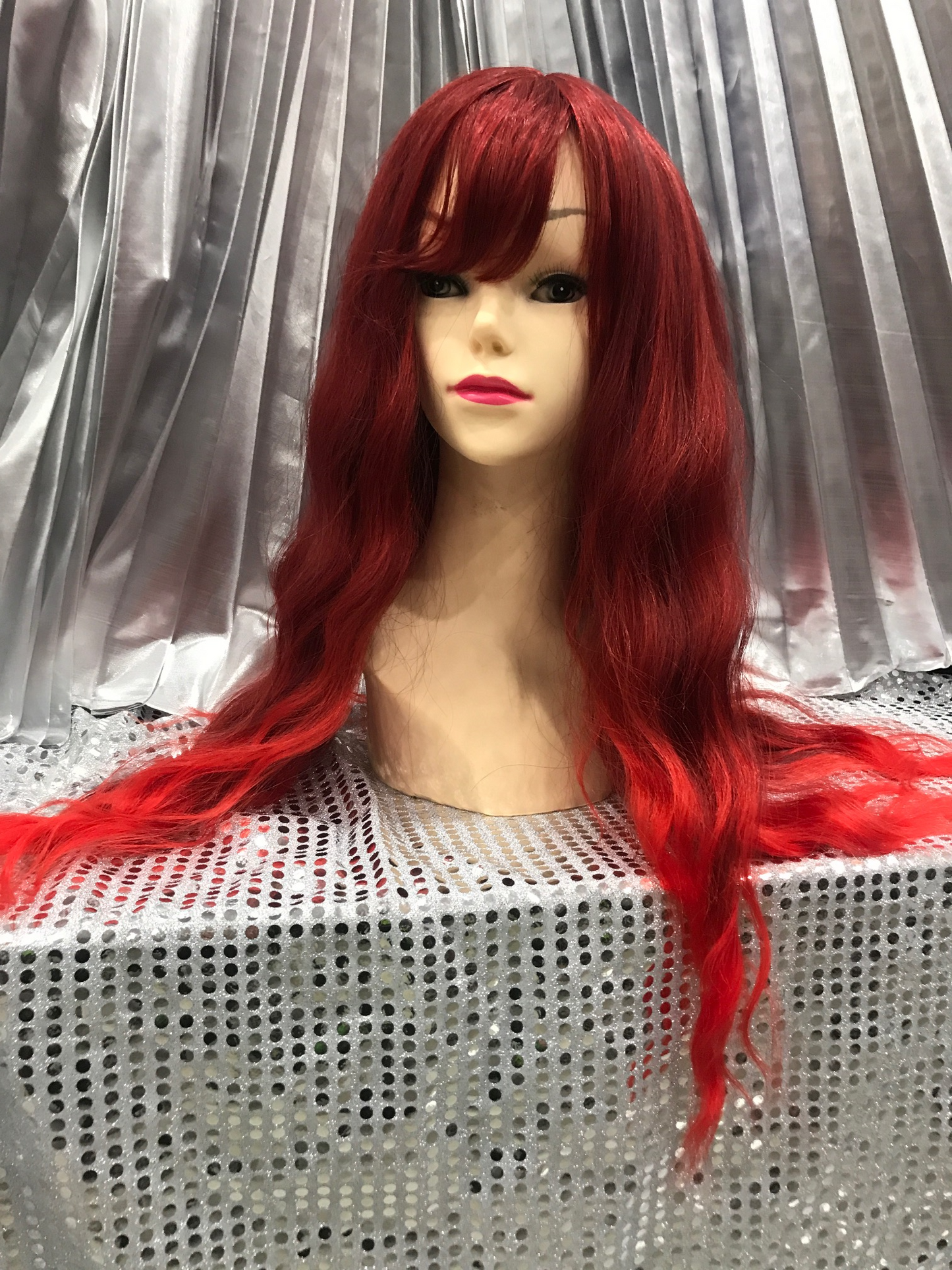 Red Ombre 24" Synthetic Wavy Wig With Soft Fringe