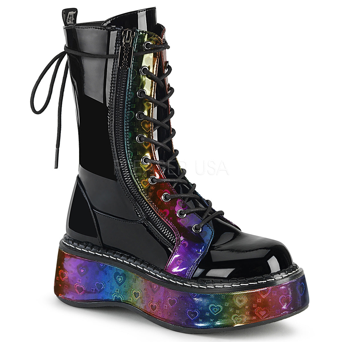 EMILY-350  Black Patent-Rainbow Hologram w/ Hearts