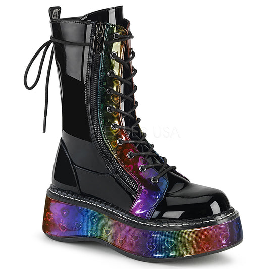 EMILY-350  Black Patent-Rainbow Hologram w/ Hearts