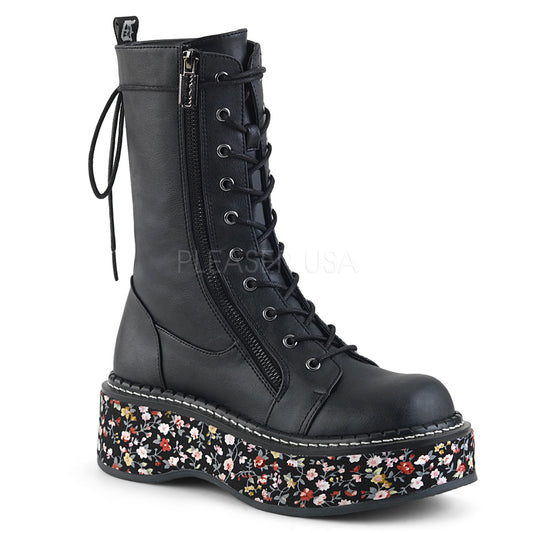 EMILY-350  Black Vegan Leather-Floral Fabric