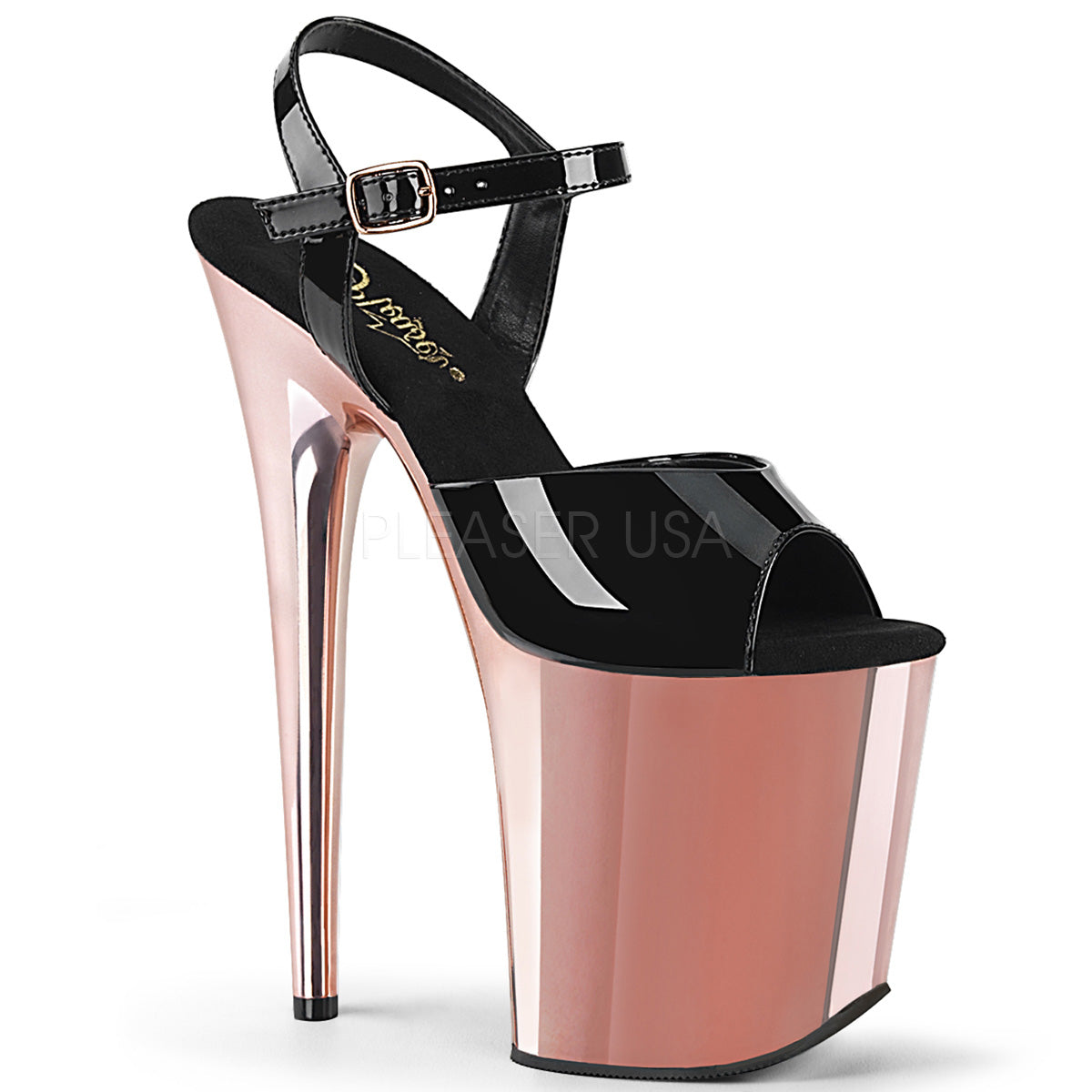 FLAMINGO-809  Black Patent/Rose Gold Chrome