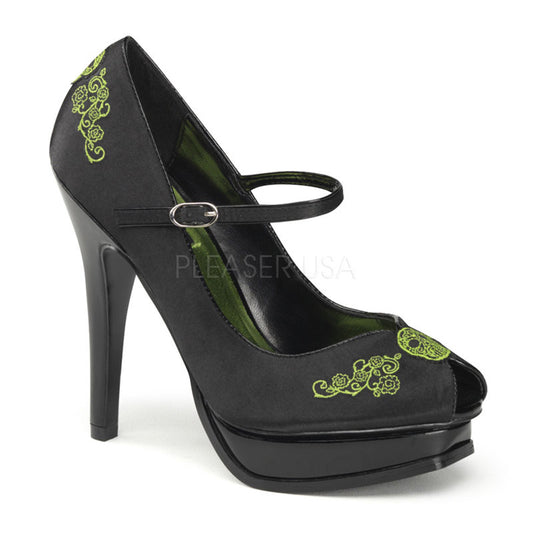 PLEASURE-12  Black Satin-Lime Green Embroidery