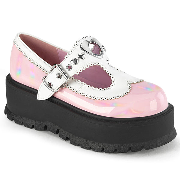 SLACKER-23  Baby Pink Holo Patent-White Vegan Leather