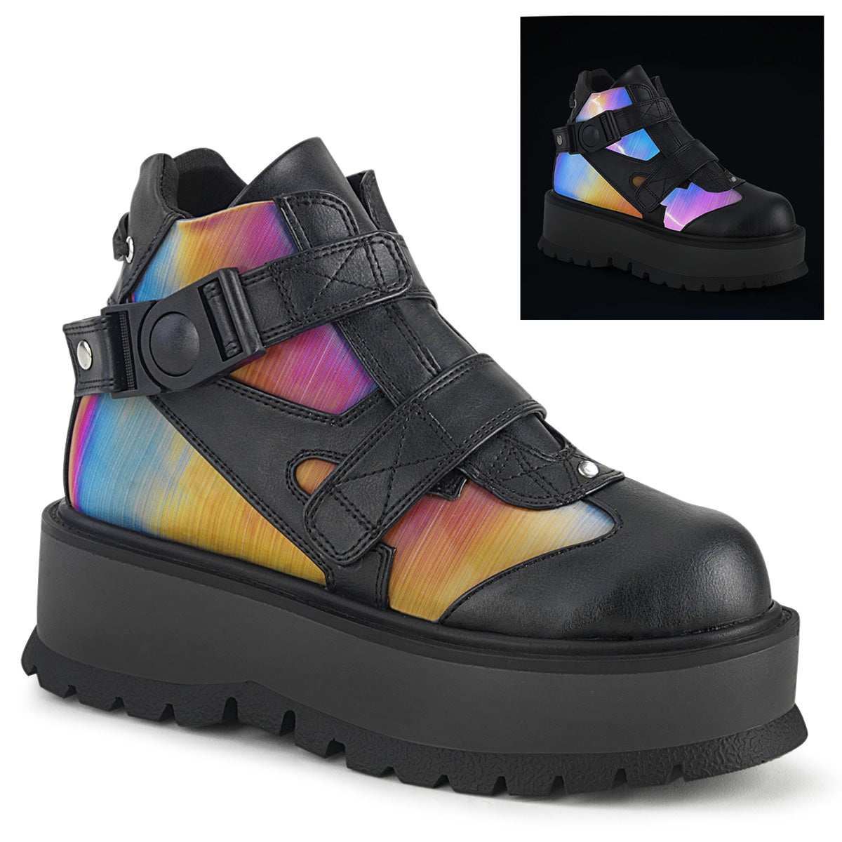 SLACKER-32  Black Vegan Leather-Rainbow Reflective